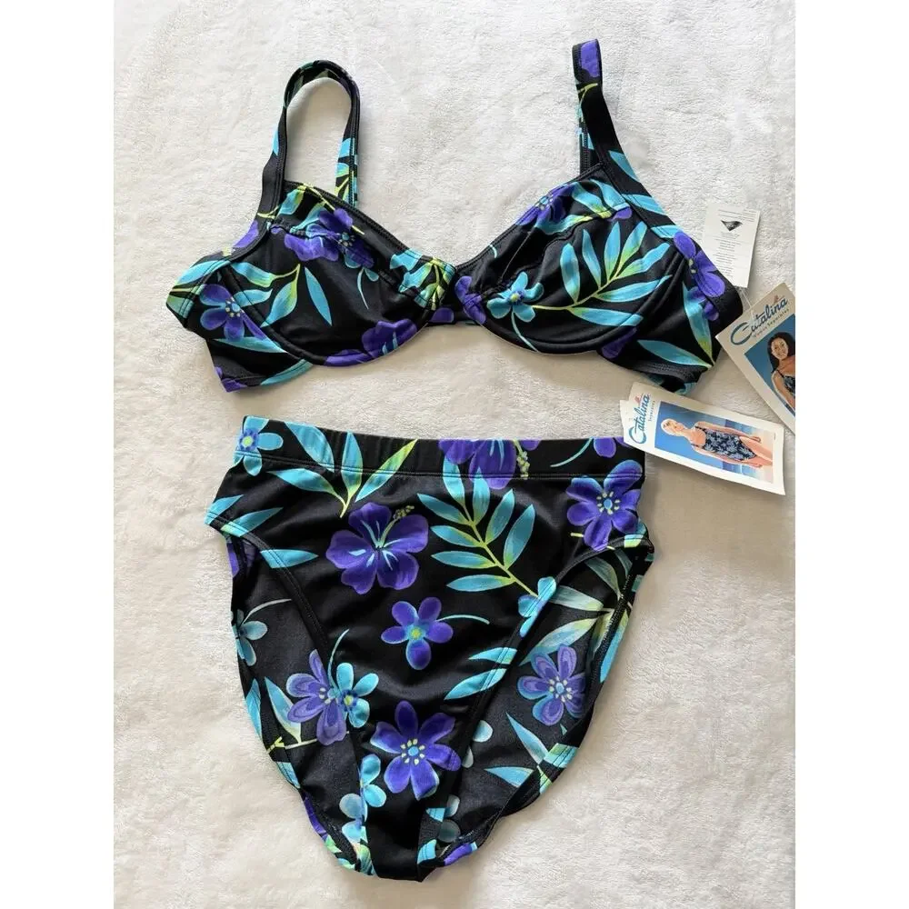 VTG NWT Catalina Floral Bikini Set Black Blue Tropical High Waist Size M/1X (XL)